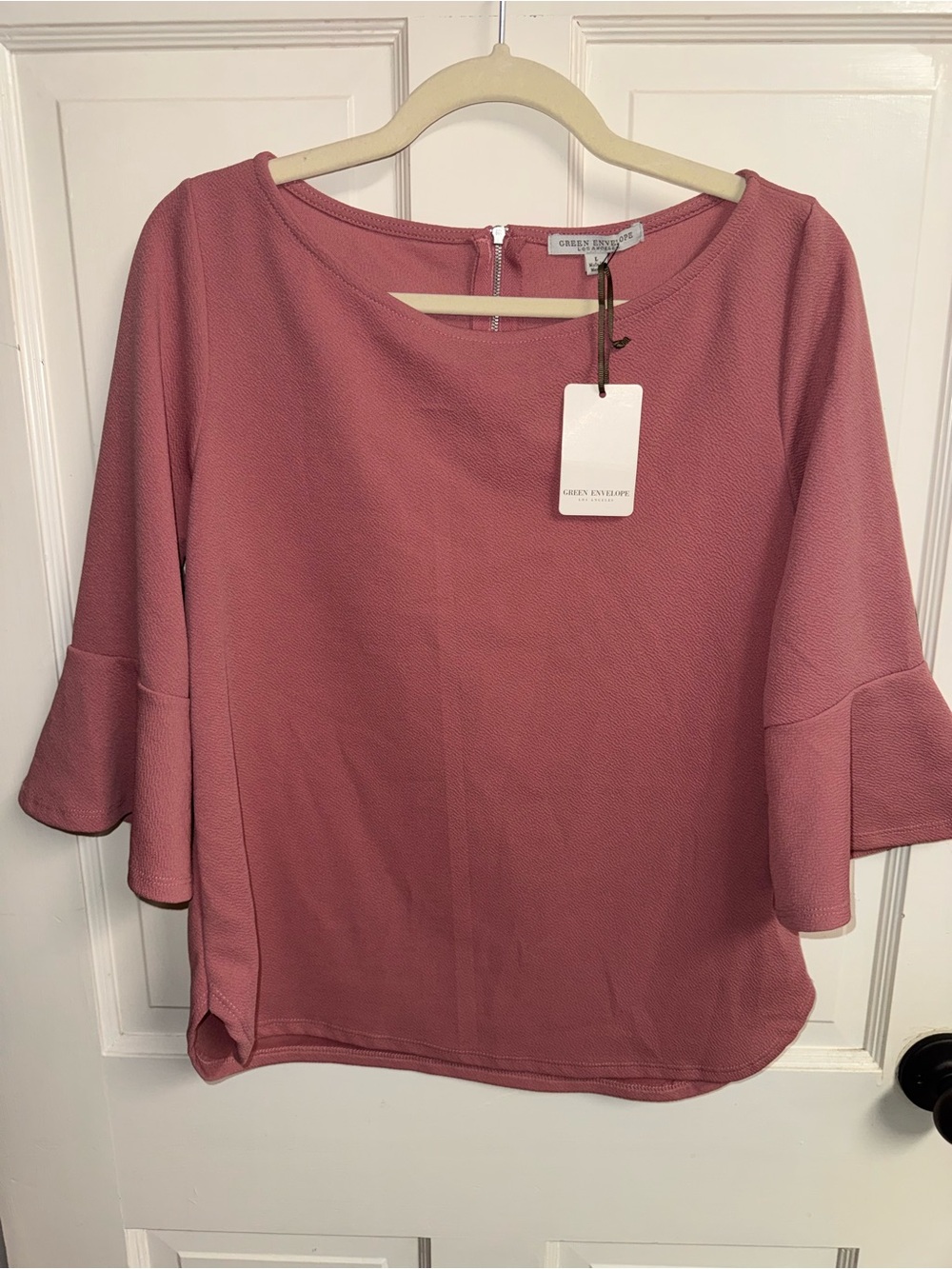 Green Envelope Rose Mauve Bell Sleeve Blouse